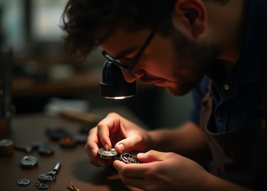 Watchmaker assembling UrbanTick movement under magnifier
