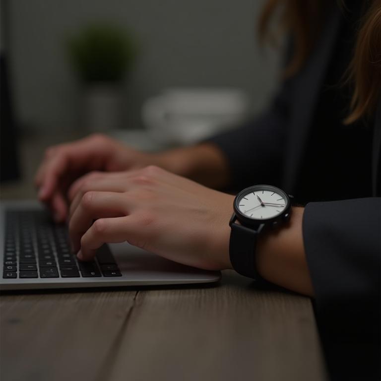 UrbanTick watch on wrist while typing on laptop