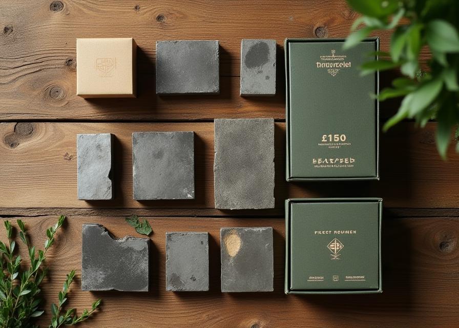 Recycled steel billets and eco-friendly watch packaging on wooden table